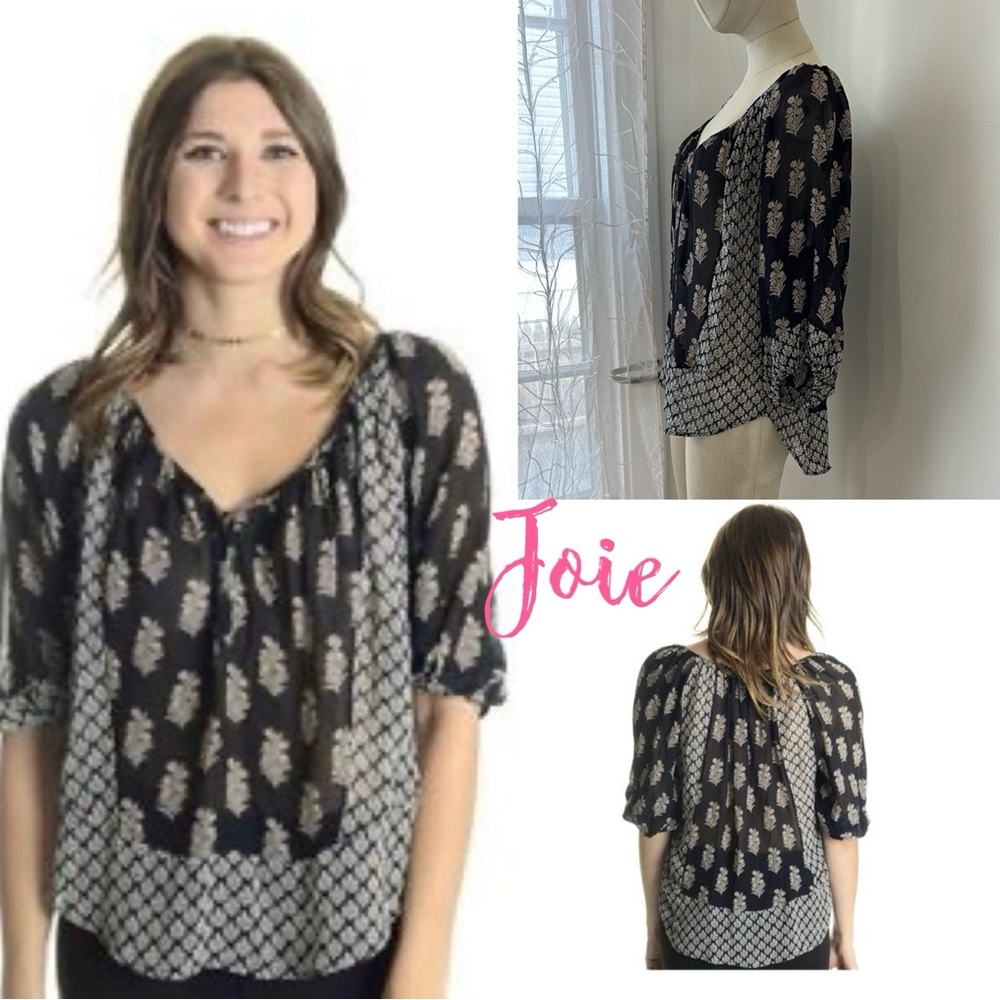 Joie Corbelle Silk Elegant Black and Cream Floral Top